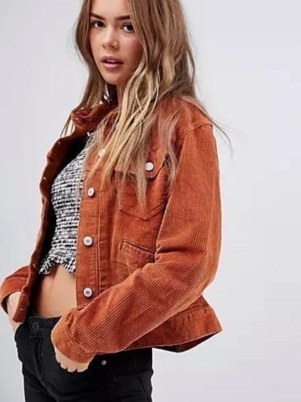 Free People “Nelson” Button Front Multi-Pocket Corduroy Trucker Jacket• Medium